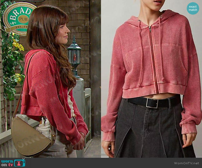 BDG Leah Waffle Knit Zip-Up Hoodie Sweatshirt in red/Verm worn by Joy Wesley (AlexAnn Hopkins) on Days of our Lives