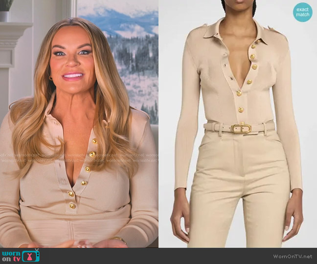 Tom Ford Button-Front Polo Bodysuit in Soft Beige worn by Heather Gay on The Real Housewives of Salt Lake City