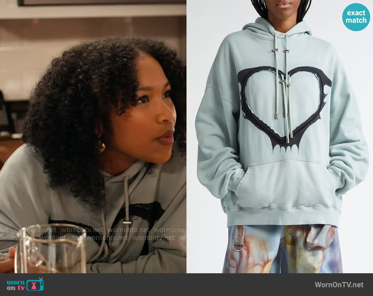 Collina Strada Heart Drawstring Cotton Hoodie in Thunder Blue worn by Delilah (Laya DeLeon Hayes) on The Equalizer