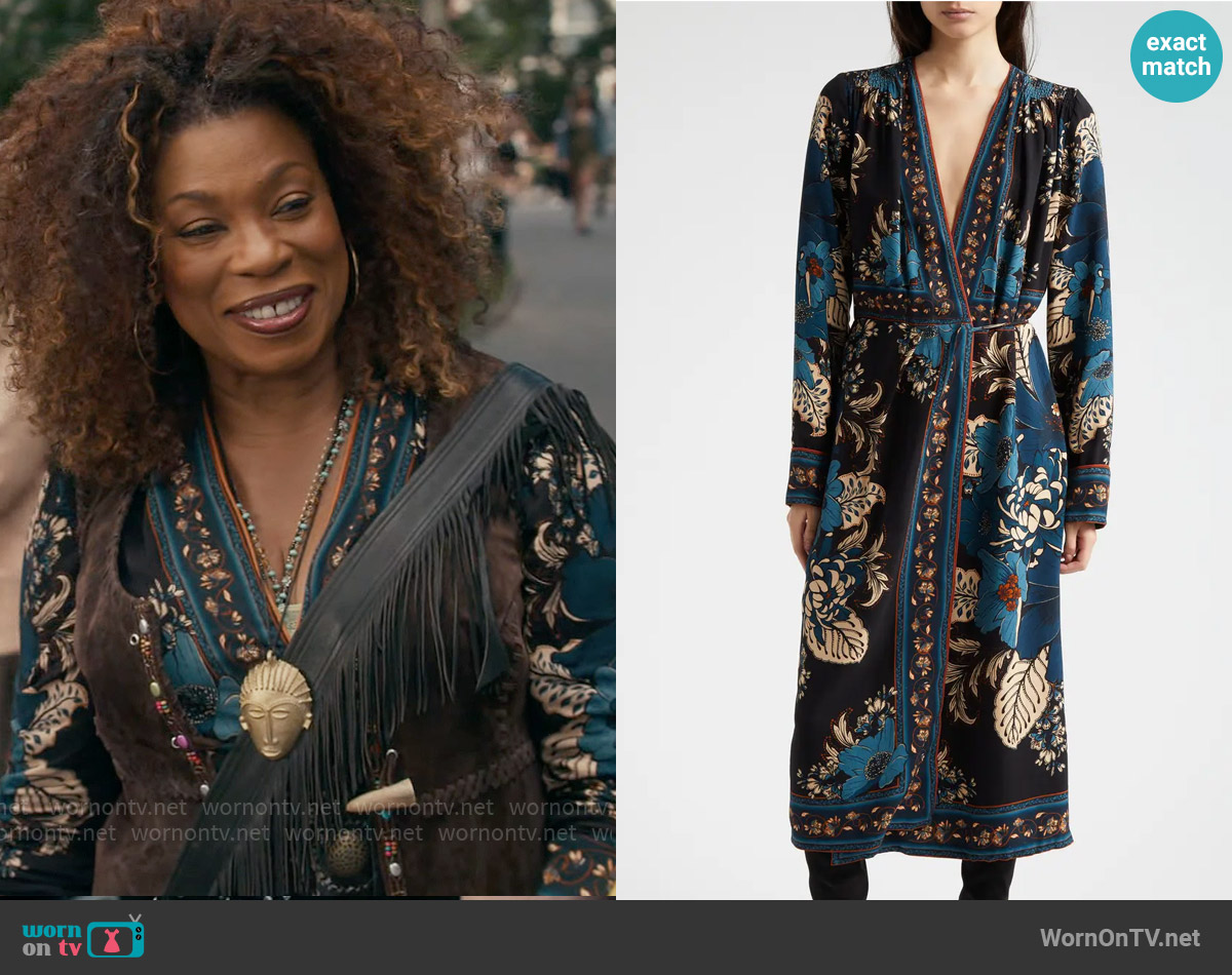 FARM Rio Blossom Tapestry Long Sleeve Wrap Dress worn by Viola Marsette (Lorraine Toussaint) on The Equalizer