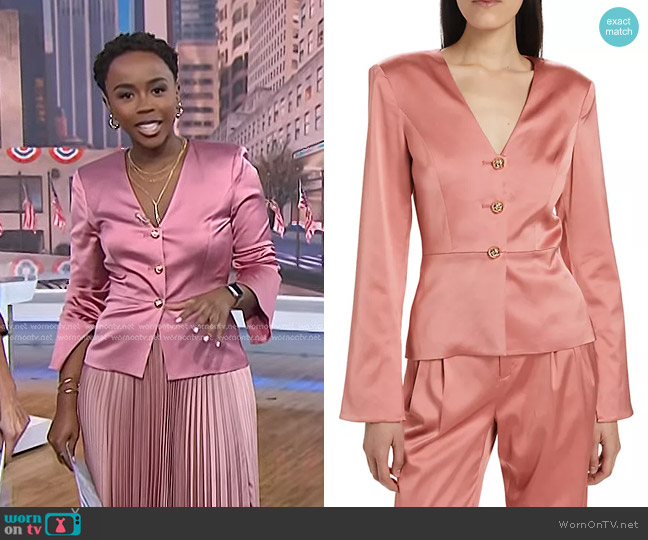 Favorite Daughter The Classy Button-Front Satin Top in Dusty Rose worn by Zinhle Essamuah on NBC News Daily