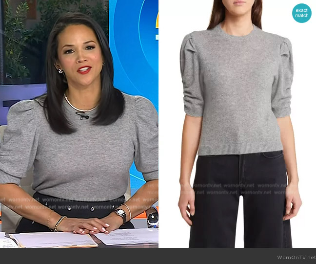 Frame Ruched Sleeve Recycled Cashmere Blend Sweater in Gris Heather worn by Laura Jarrett on Today