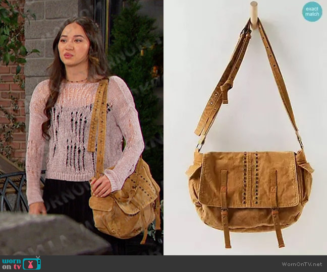 Free People Zevon Distressed Messenger Bag in Desert Dune worn by Sophia Choi (Madelyn Kientz) on Days of our Lives