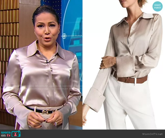 Reiss Hailey Silk Buttoned Shirt in Champagne worn by Stephanie Ramos on Good Morning America