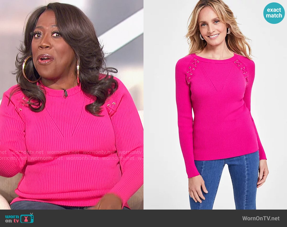 INC International Concepts Lace-Up Ribbed-Knit Sweater in Pink Tutu worn by Sheryl Underwood on The Talk