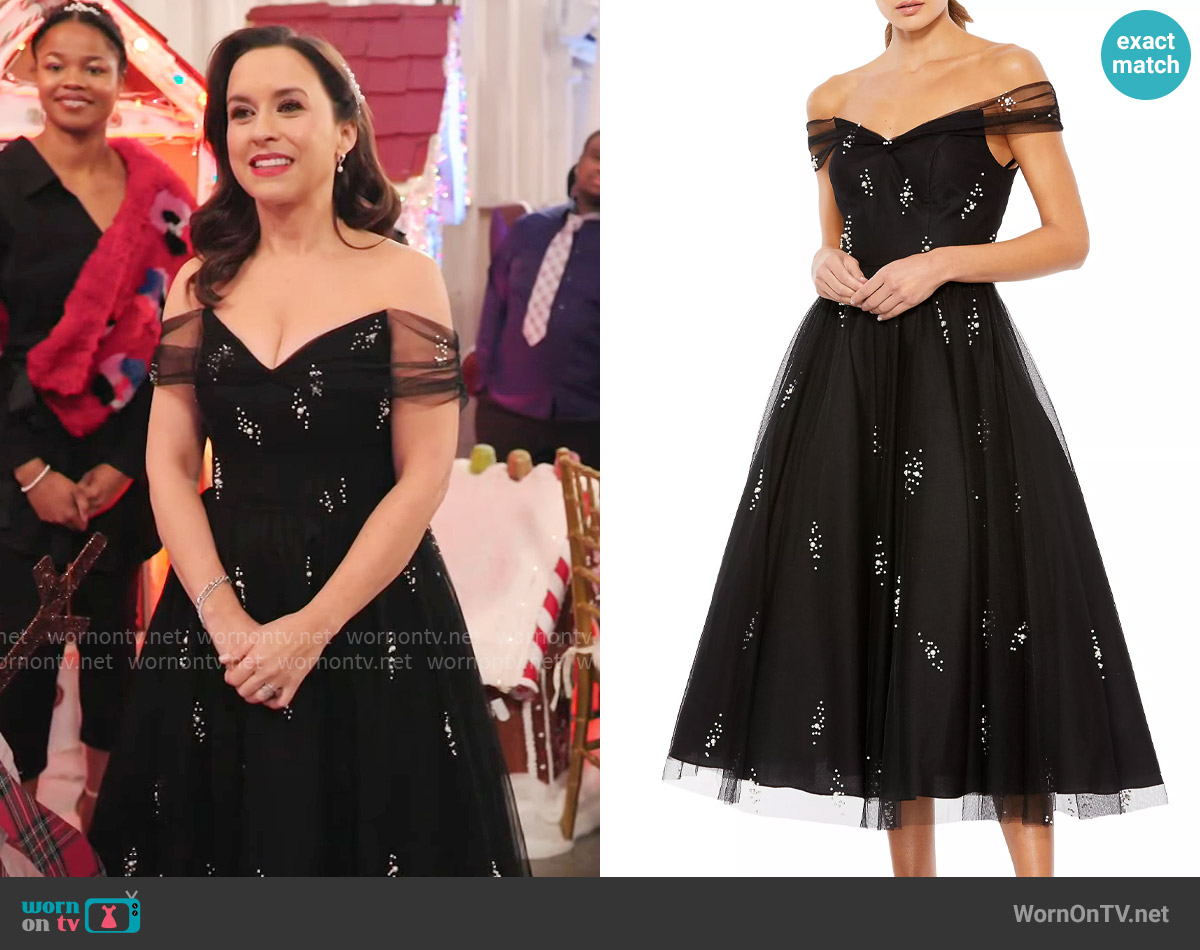Mac Duggal Off the Shoulder Beaded Chiffon Midi Dress worn by Lacey Chabert on Celebrations with Lacey Chabert