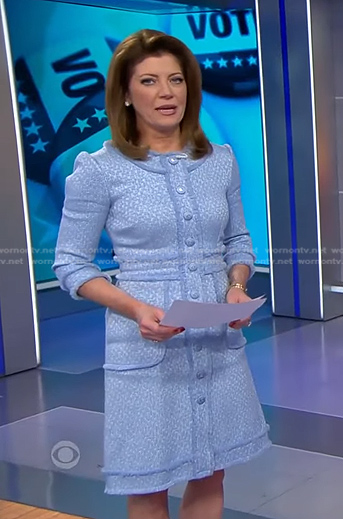 Norah’s blue button front tweed dress on CBS Evening News
