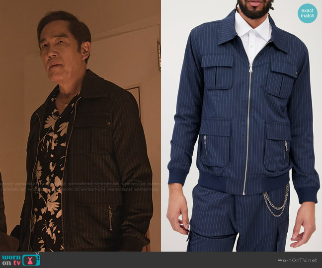 Ron Tomson Pinstriped Utility Bomber Jacket worn by Chozen Toguchi (Yuji Don Okumoto) on Cobra Kai