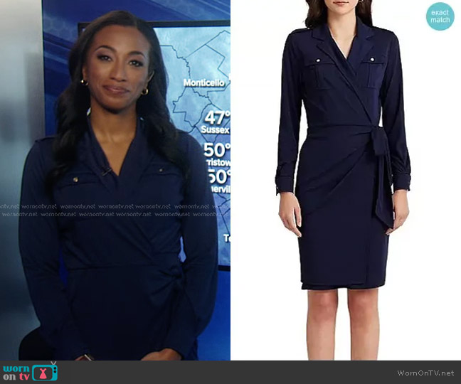 Lauren Ralph Lauren Stretch Jersey Wrap Dress in Refined Navy worn by Brittany Bell on Good Morning America