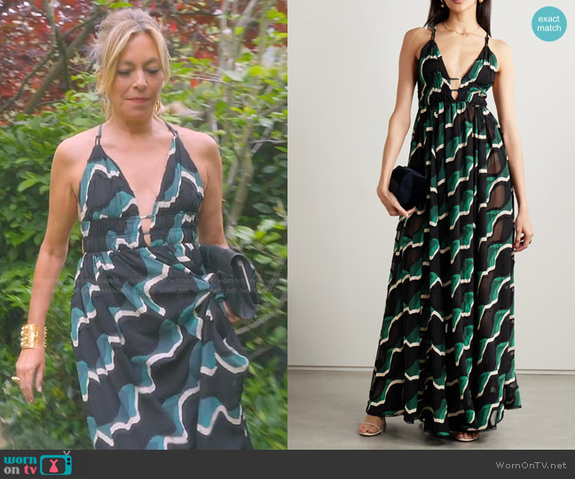 Ulla Johnson Adonis Maxi Dress in Sea Sapphire worn by Sutton Stracke on The Real Housewives of Beverly Hills