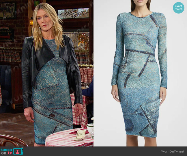 Versace Jeans Couture Long-Sleeve Lace Knit Midi Bodycon Dress worn by Kristen DiMera (Stacy Haiduk) on Days of our Lives