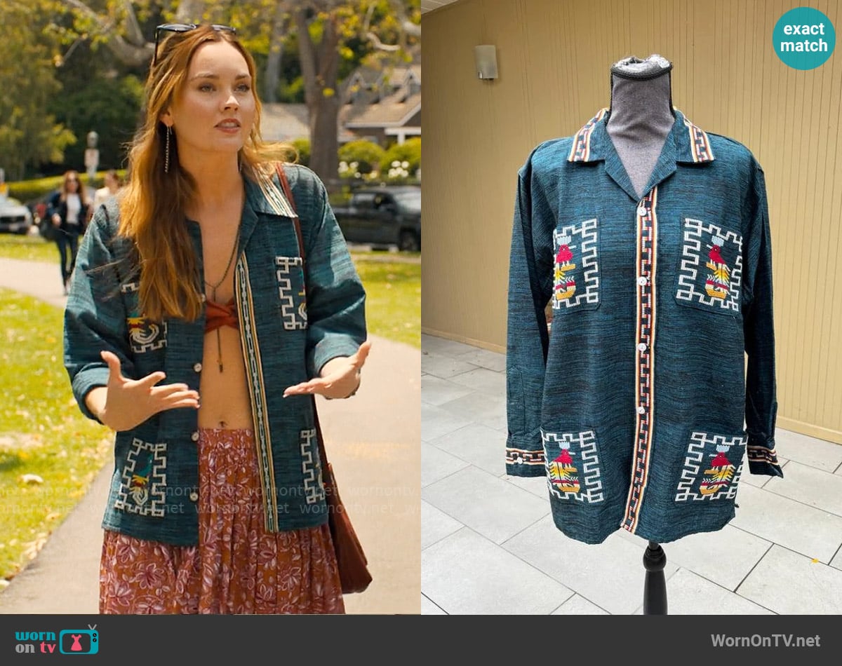 Vintage Guatemalan Quetzal Bird Traditional Shirt Embroidered Button Up Ethnic Jacket worn by Tory Thompson (Liana Liberato) on Based on a True Story