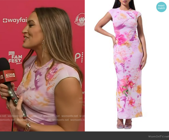 AFRM Cody Print Cap Sleeve Mesh Maxi Dress worn by Emily Orozco on Access Hollywood