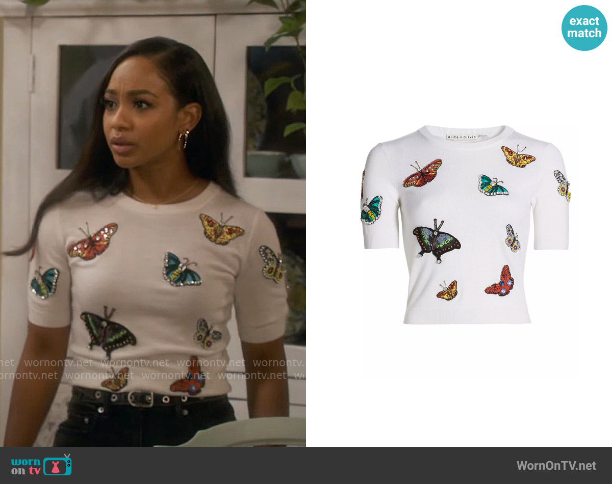 Alice + Olivia Ciara Wool Butterfly Sweater worn by Nina (Tetona Jackson) on Poppas House