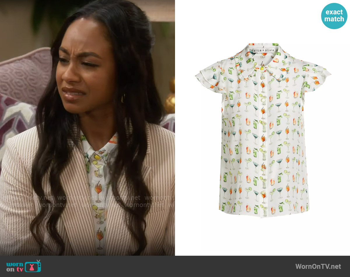 Alice + Olivia Martel Cocktail-Print Silk Blouse worn by Nina (Tetona Jackson) on Poppas House
