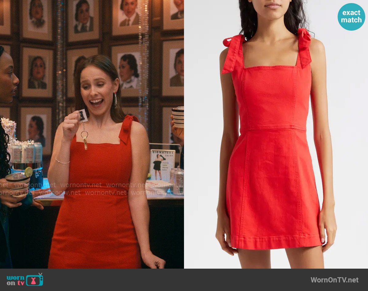 Alice + Olivia Maryann Tie Shoulder Denim Dress in Bright Ruby worn by Kimberly Finkle (Pauline Chalamet) on The Sex Lives of College Girls