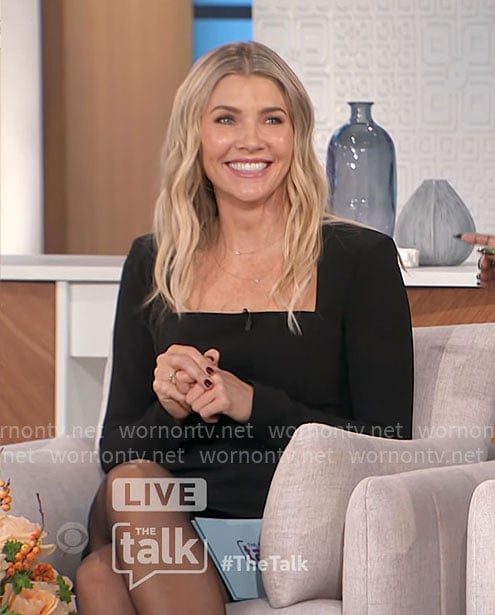Amanda’s black square-neckline mini dress on The Talk