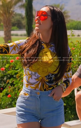 Angie’s baroque print top and denim shorts on The Real Housewives of Salt Lake City