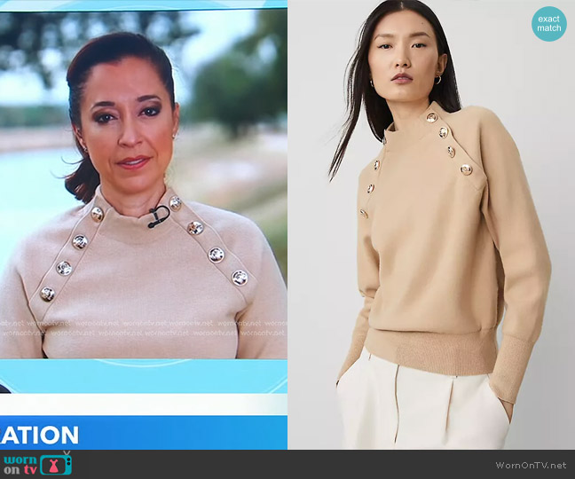 Ann Taylor Raglan Button Crew Neck Sweater in Baguette worn by Mireya Villarreal on Good Morning America