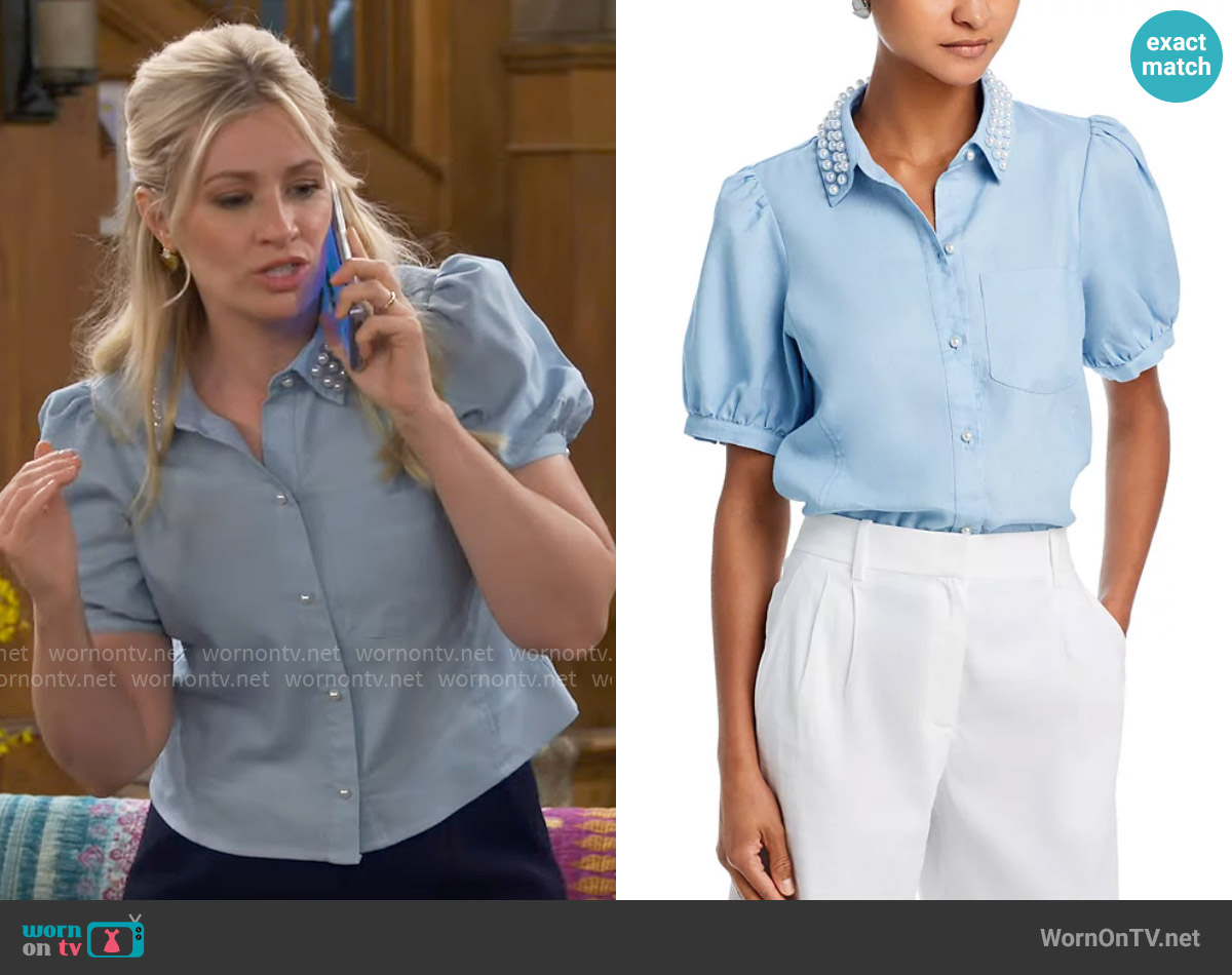 Aqua Faux Pearl Embellished Collar Top worn by Gemma (Beth Behrs) on The Neighborhood