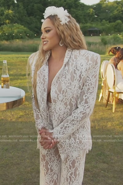 Ashley’s white lace blazer and pants on The Real Housewives of Potomac