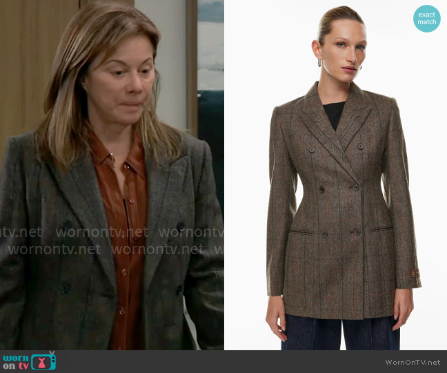 Babaton Onboard Blazer in Lyle blk/ matte pearl worn by Alexis Davis (Nancy Lee Grahn) on General Hospital