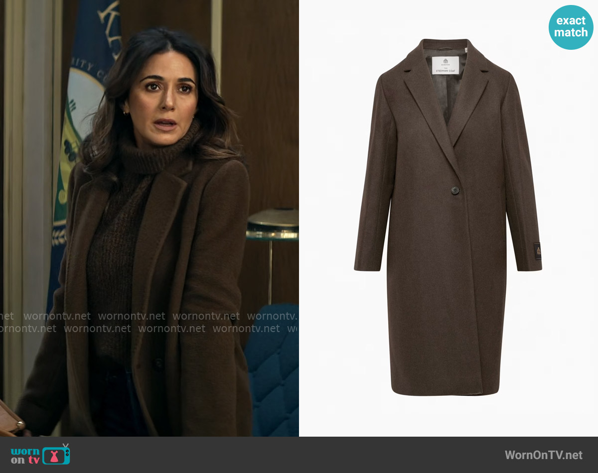 Babaton The New Stedman coat in Rich Mocha Brown worn by Lana Lang Cushing (Emmanuelle Chriqui) on Superman and Lois