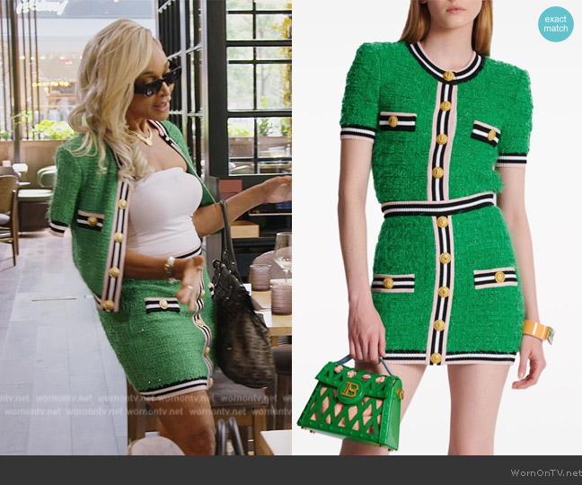 Balmain Tweed knit cardigan worn by Karen Huger on The Real Housewives of Potomac