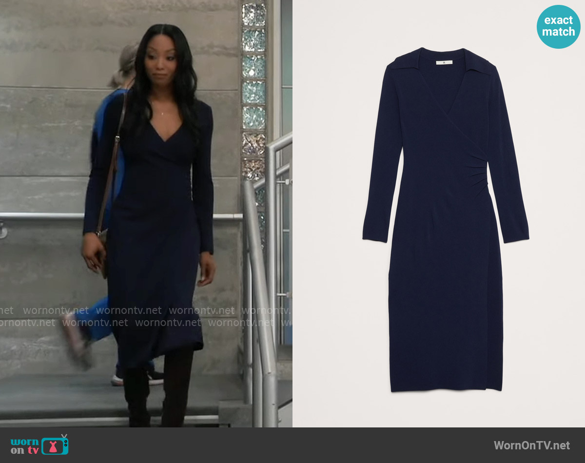 Banana Republic Polo Wrap Sweater Dress in hyper navy blue worn by Jordan Ashford (Tanisha Mariko Harper) on General Hospital