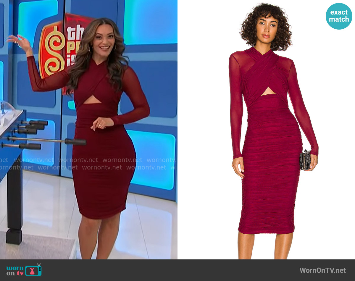 Bardot Aliyah Dress in Burgundy worn by Alexis Gaube on The Price is Right