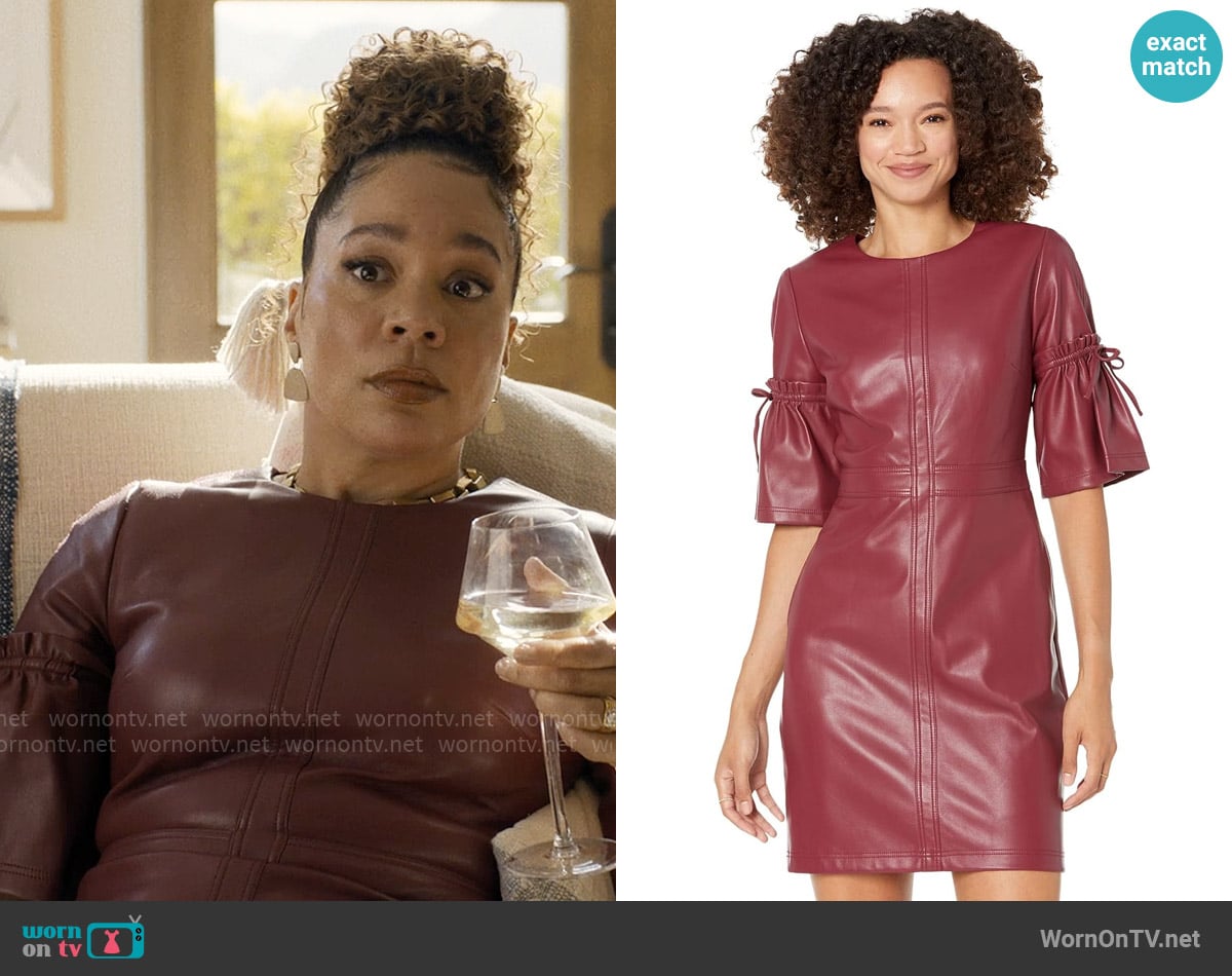 Bcbgmaxazria Mini Elbow Sleeve Ruffle Tie Round Neck Bodycon Dress worn by Carolyn (Aisha Alfa) on Based on a True Story