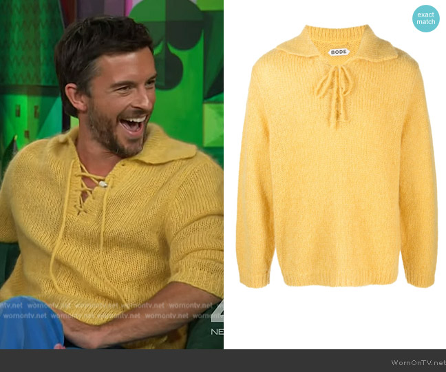 Bode Alpine lace-up jumper worn by Jonathan Bailey on The Kelly Clarkson Show