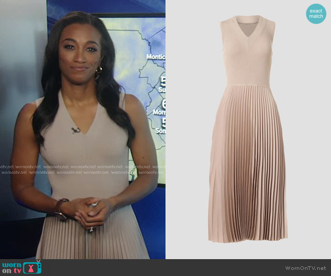 Boss Farara Pleated Midi Dress in Beige worn by Brittany Bell on Good Morning America