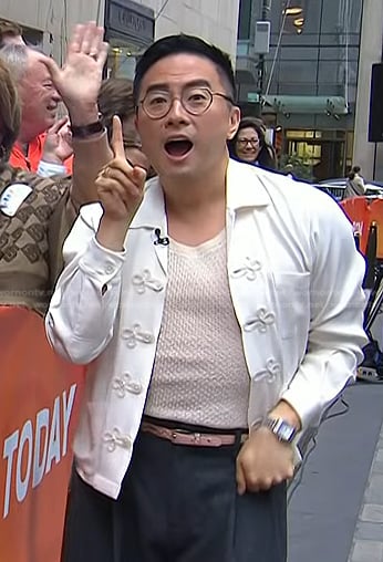 Bowen Yang’s white knotted button shirt on Today