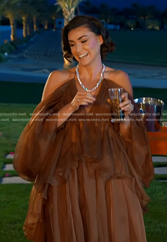 Bronwyn’s brown tulle top and maxi dress on The Real Housewives of Salt Lake City