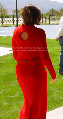 Bronwyn’s red cutout back maxi dress on The Real Housewives of Salt Lake City