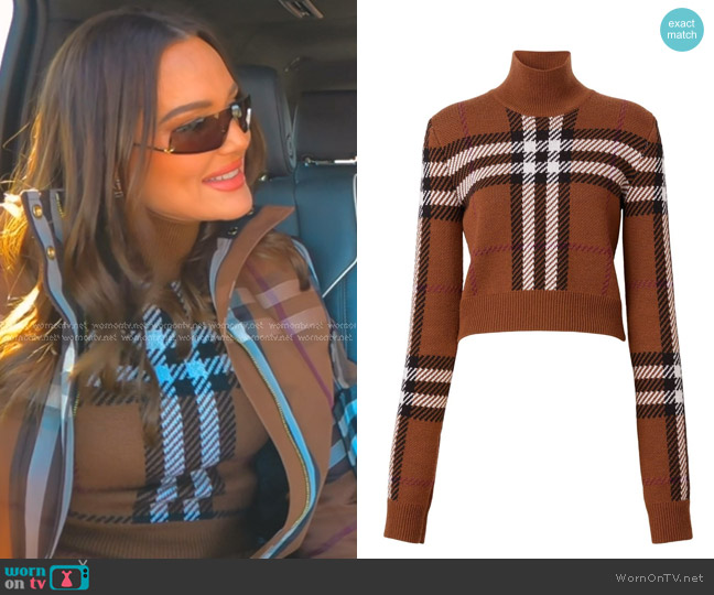 Burberry Exaggerated Check cropped Jumper in Dark Birch Brown worn by Meredith Marks on The Real Housewives of Salt Lake City