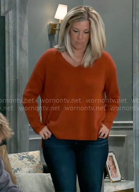 Carly’s rust brown v-neck sweater on General Hospital