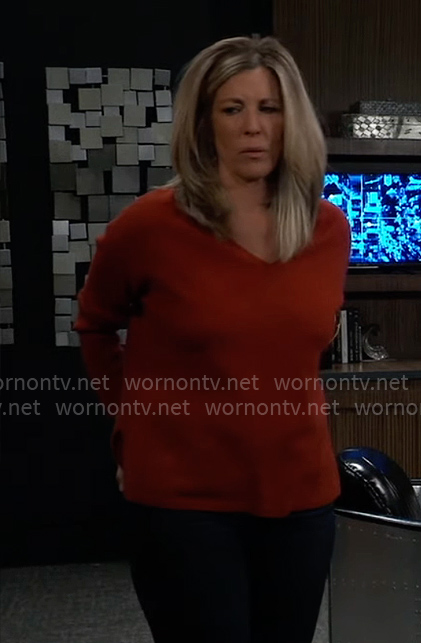 Carly’s rust brown v-neck sweater on General Hospital