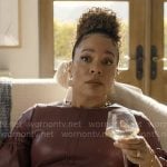 Carolyn’s burgundy leather dress on Based on a True Story