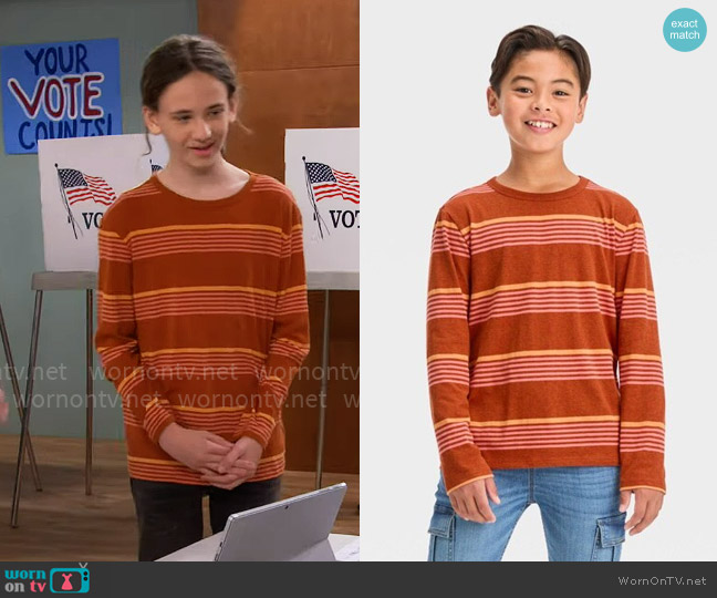 Cat and Jack Long Sleeve Multi-Striped T-Shirt Dark Orange worn by Grover Johnson (Hank Greenspan) on The Neighborhood