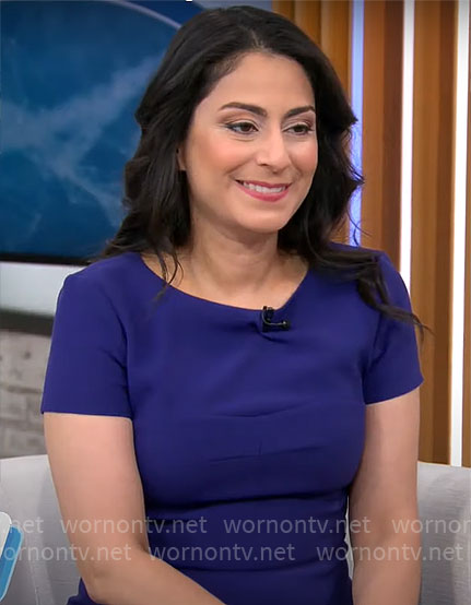 Dr. Celine Gounder’s purple short sleeve dress on CBS Mornings