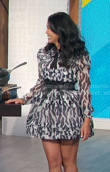 Chi-Lan Liu’s black and white printed mini dress on The Talk