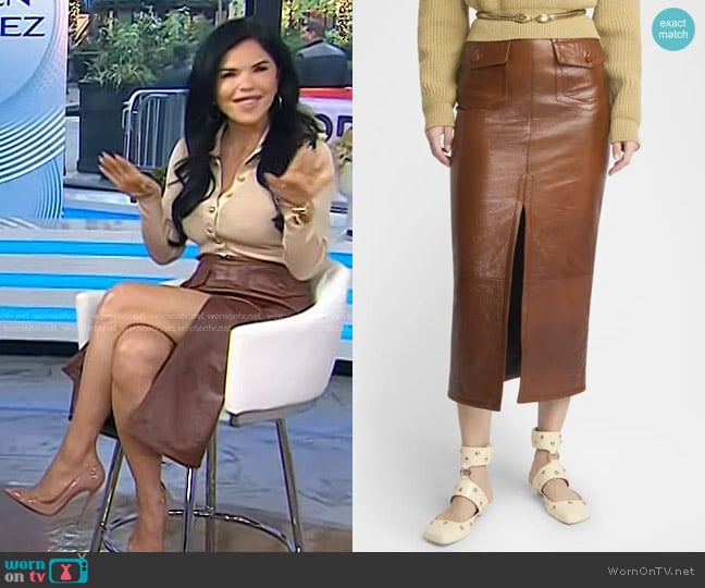 Chloe Front Slit Leather Midi Skirt in Clay Brown worn by Lauren Sanchez on Today