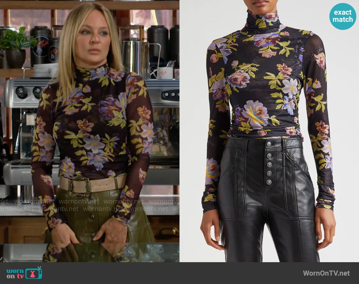 Cinq a Sept Bridgette Floral Print Long Sleeve Turtleneck Top worn by Sharon Newman (Sharon Case) on The Young and the Restless