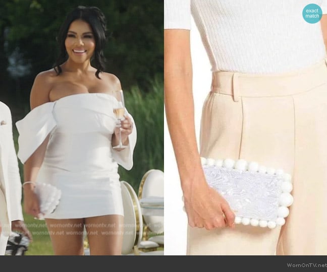 Cult Gaia Eos Beaded Acrylic Box Clutch worn by Mia Thornton on The Real Housewives of Potomac
