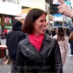 Dana Jacobson’s black leather moto jacket on CBS Mornings