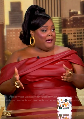 Danielle Pinnock’s red leather off shoulder dress on The View