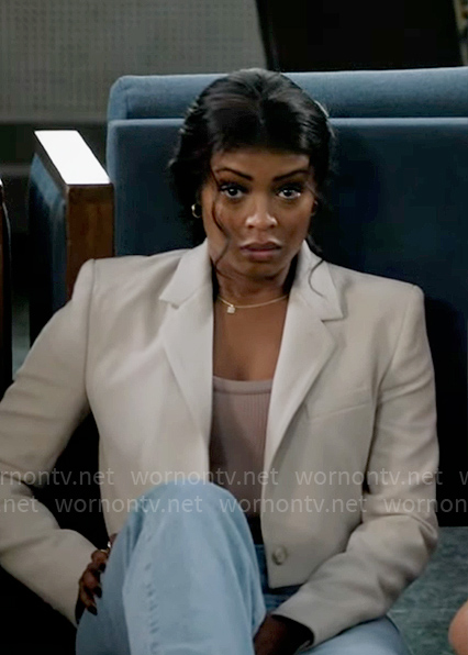 Daphne’s taupe scoop-neck top and cropped blazer on High Potential