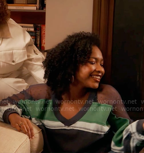 Delilah’s blue and green striped mesh panel pullover on The Equalizer